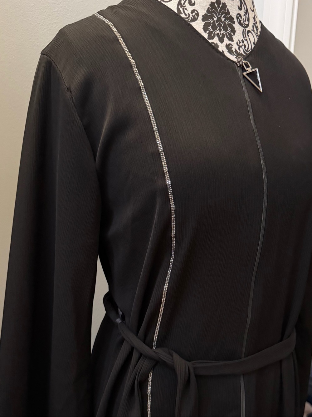 Black Women's Long Sleeve Belted Dress abaya with Silver Trim